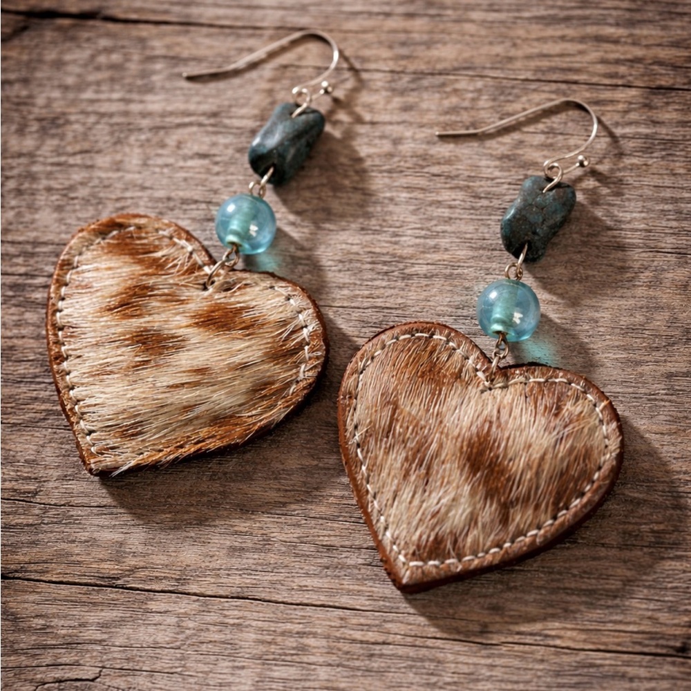 Rustic Heart-Shaped Earrings with Blue Accents